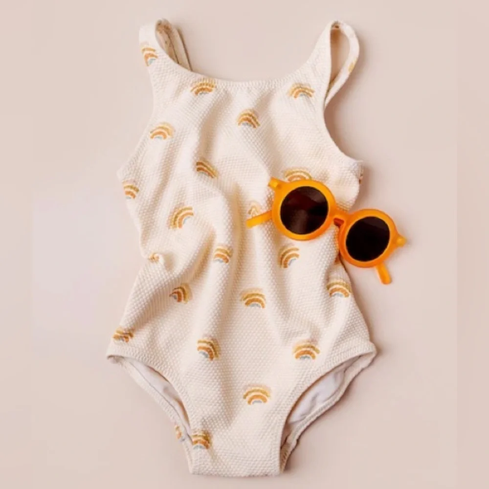 New With Tags One Piece H&M Kid’s Beige Rainbow SwimSuit Size 12-18M Preppy